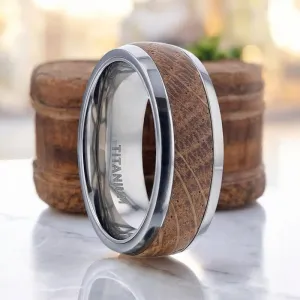 STAVE | Silver Titanium Ring, Whiskey Barrel Wood Inlay, Domed