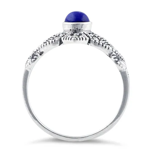 Sterling Silver Blue Lapis Crown Marcasite Ring