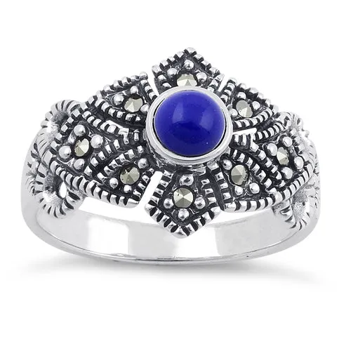 Sterling Silver Blue Lapis Crown Marcasite Ring
