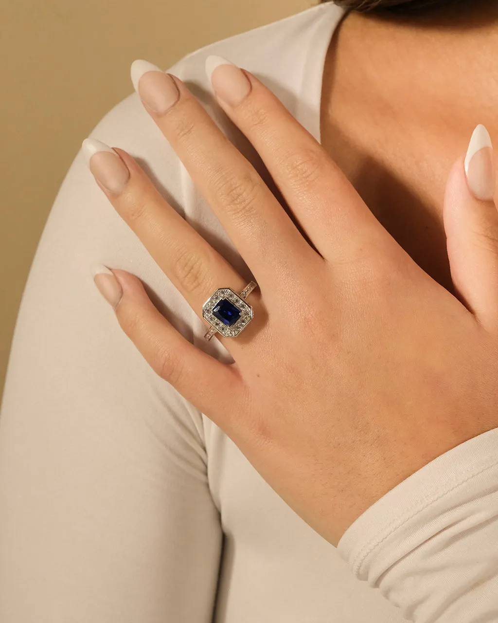 Sterling Silver Emerald Cut Sapphire CZ Cocktail Ring