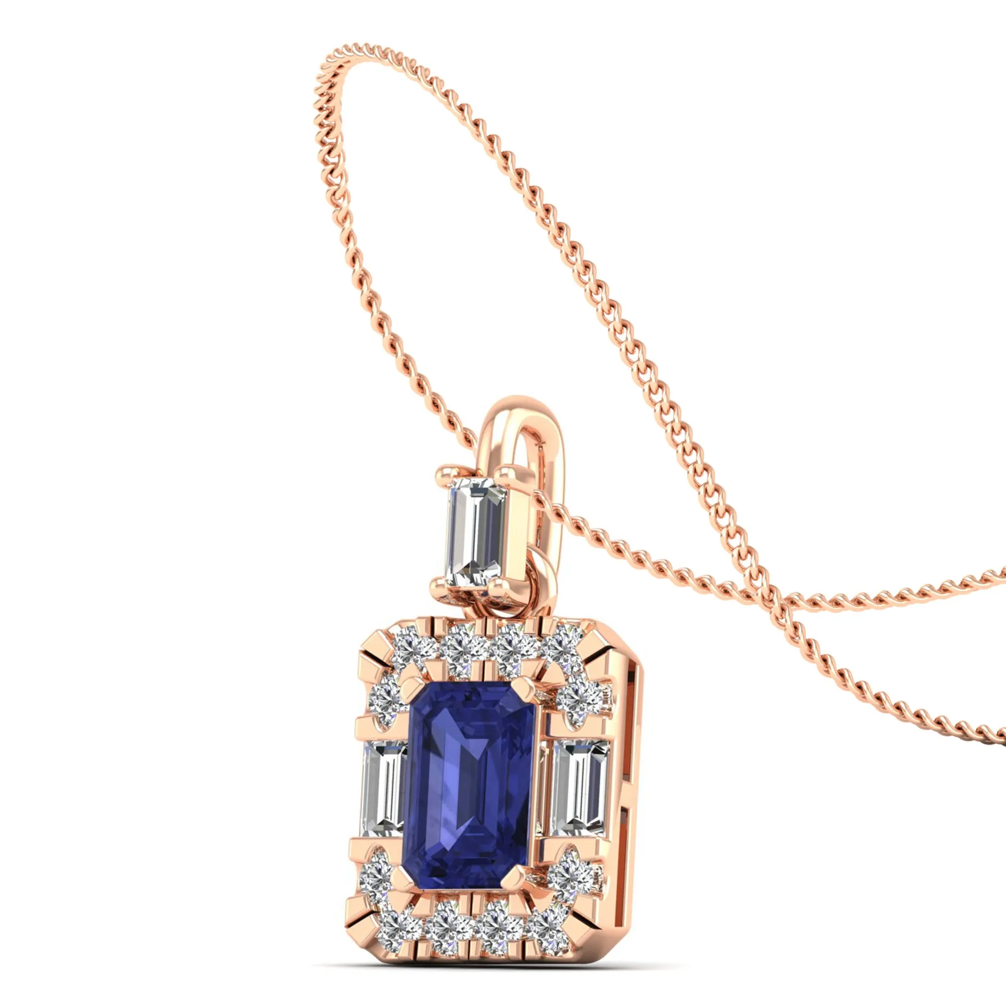 Tanzanite Halo Baguette and Round Diamond Pendant