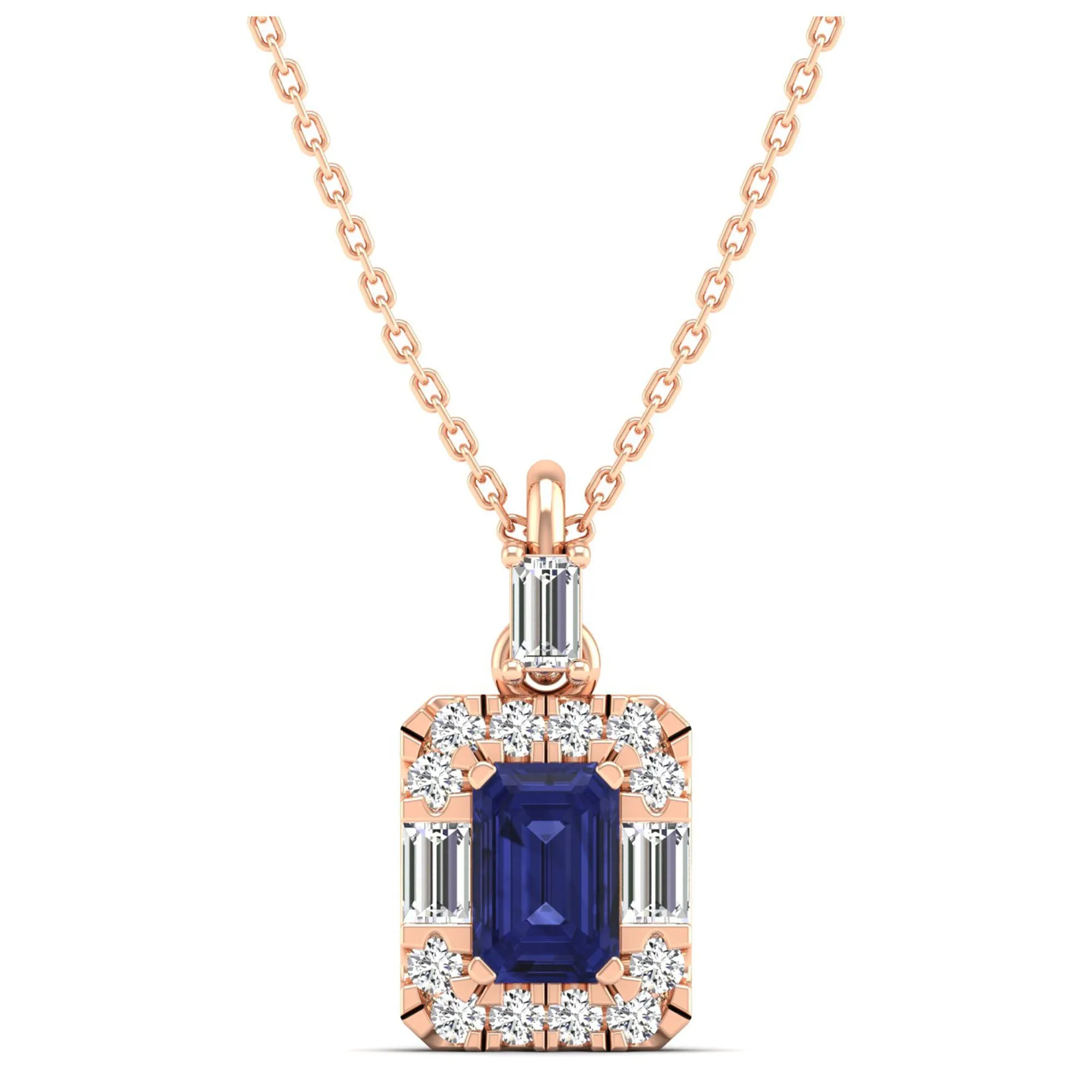 Tanzanite Halo Baguette and Round Diamond Pendant
