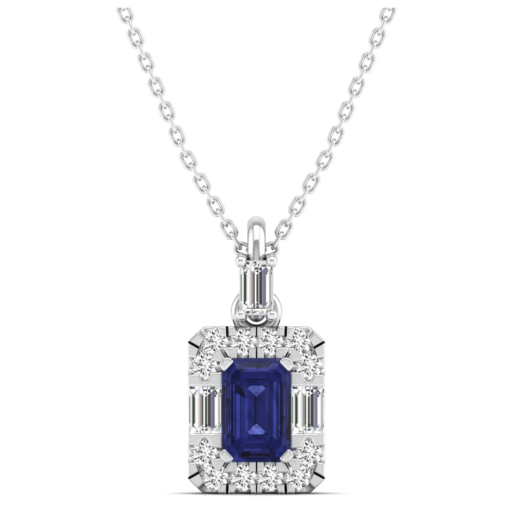 Tanzanite Halo Baguette and Round Diamond Pendant