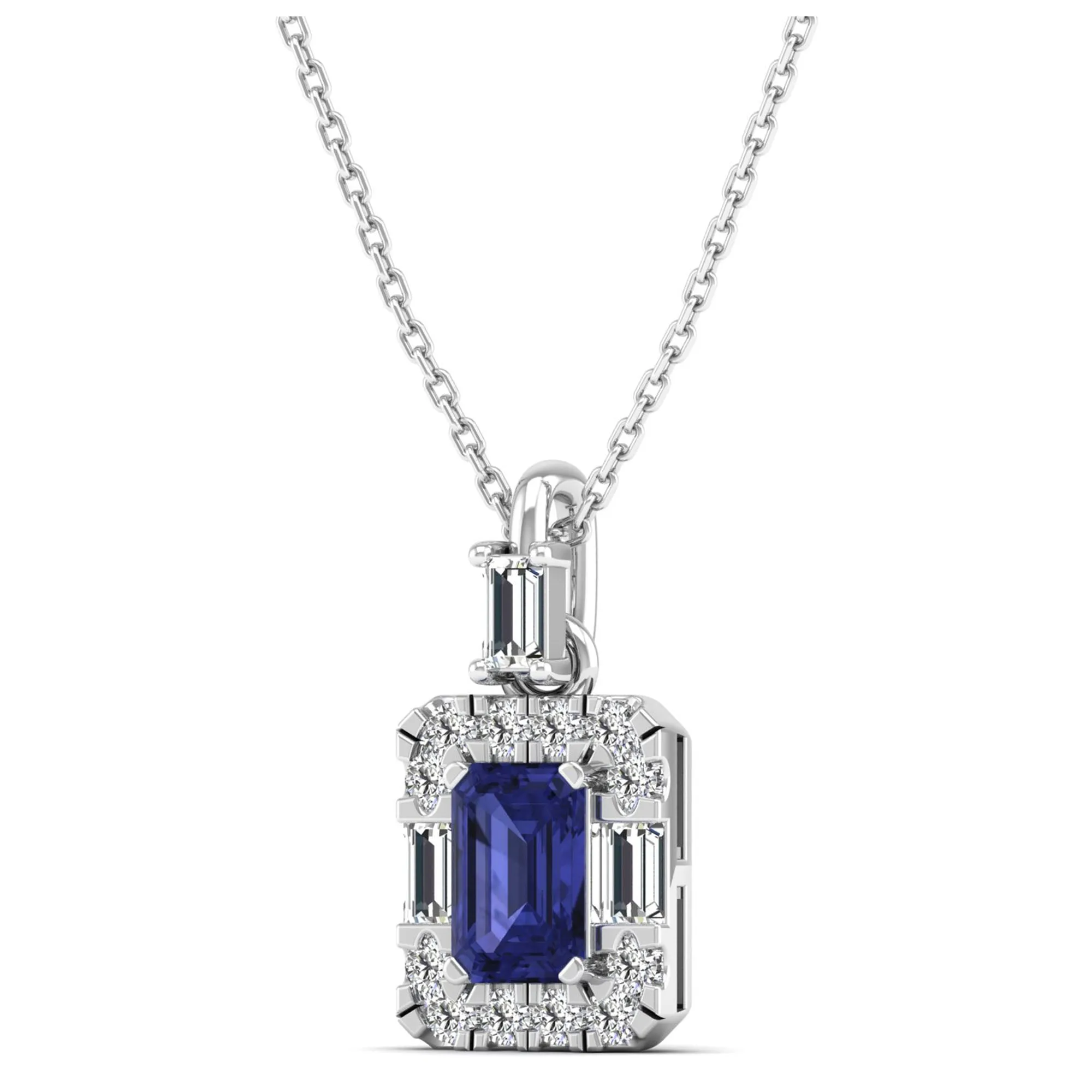 Tanzanite Halo Baguette and Round Diamond Pendant