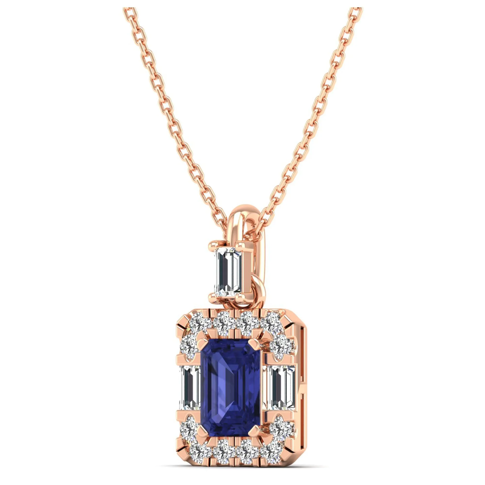 Tanzanite Halo Baguette and Round Diamond Pendant