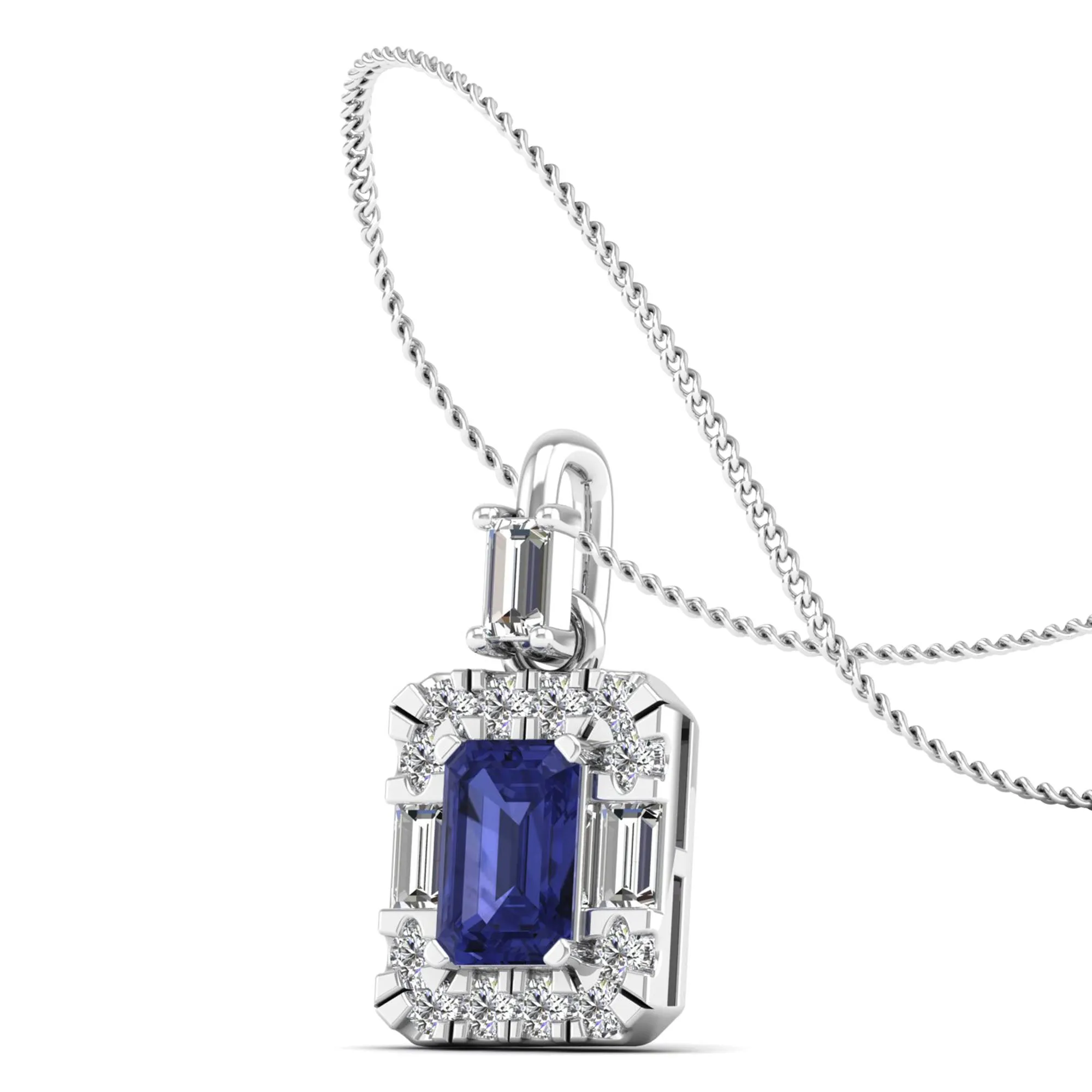 Tanzanite Halo Baguette and Round Diamond Pendant