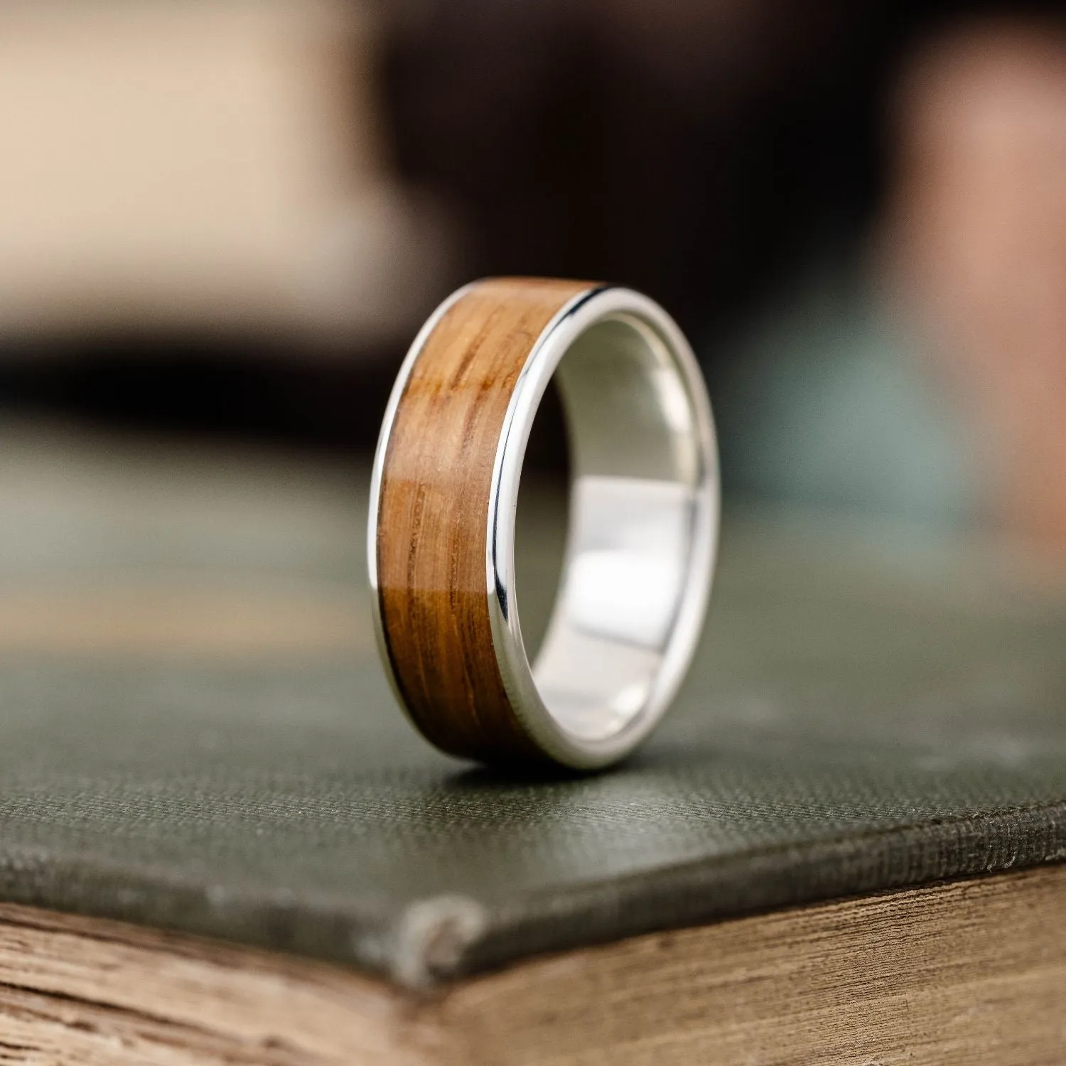 The Angel's Share | Men's Silver Wedding Band with Wide Channel Natural Whiskey Barrel Wood