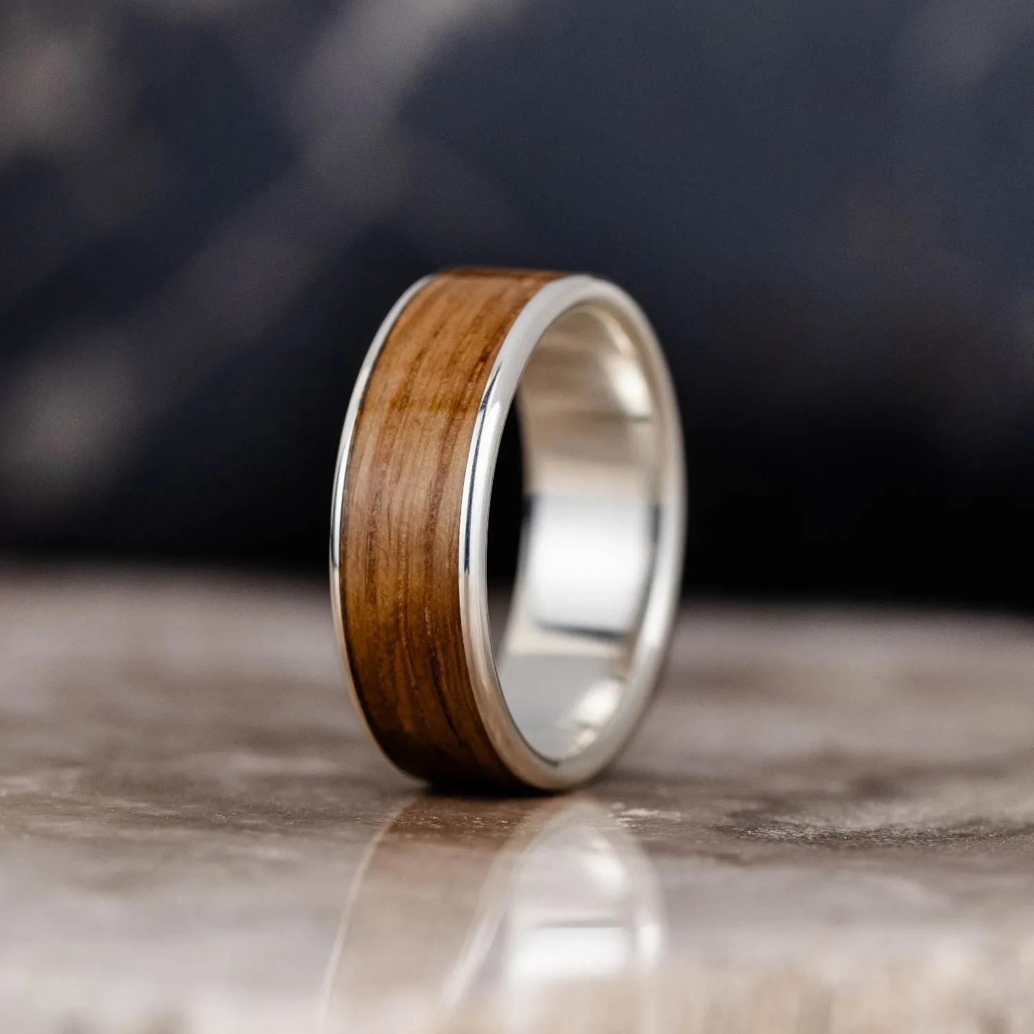 The Angel's Share | Men's Silver Wedding Band with Wide Channel Natural Whiskey Barrel Wood