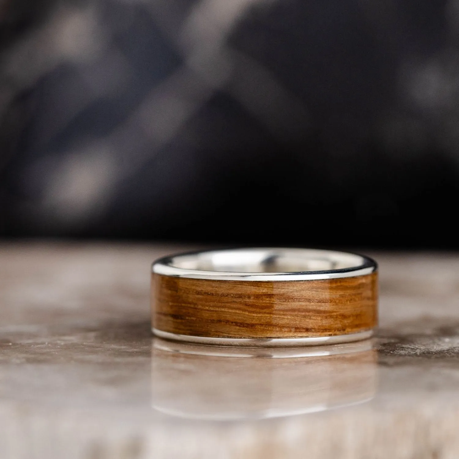 The Angel's Share | Men's Silver Wedding Band with Wide Channel Natural Whiskey Barrel Wood