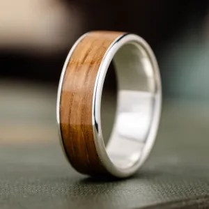 The Angel's Share | Men's Silver Wedding Band with Wide Channel Natural Whiskey Barrel Wood