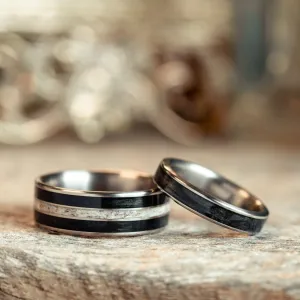 The Frontiersman & The Helen -  Black Whiskey Barrel and Titanium Wedding Band Set