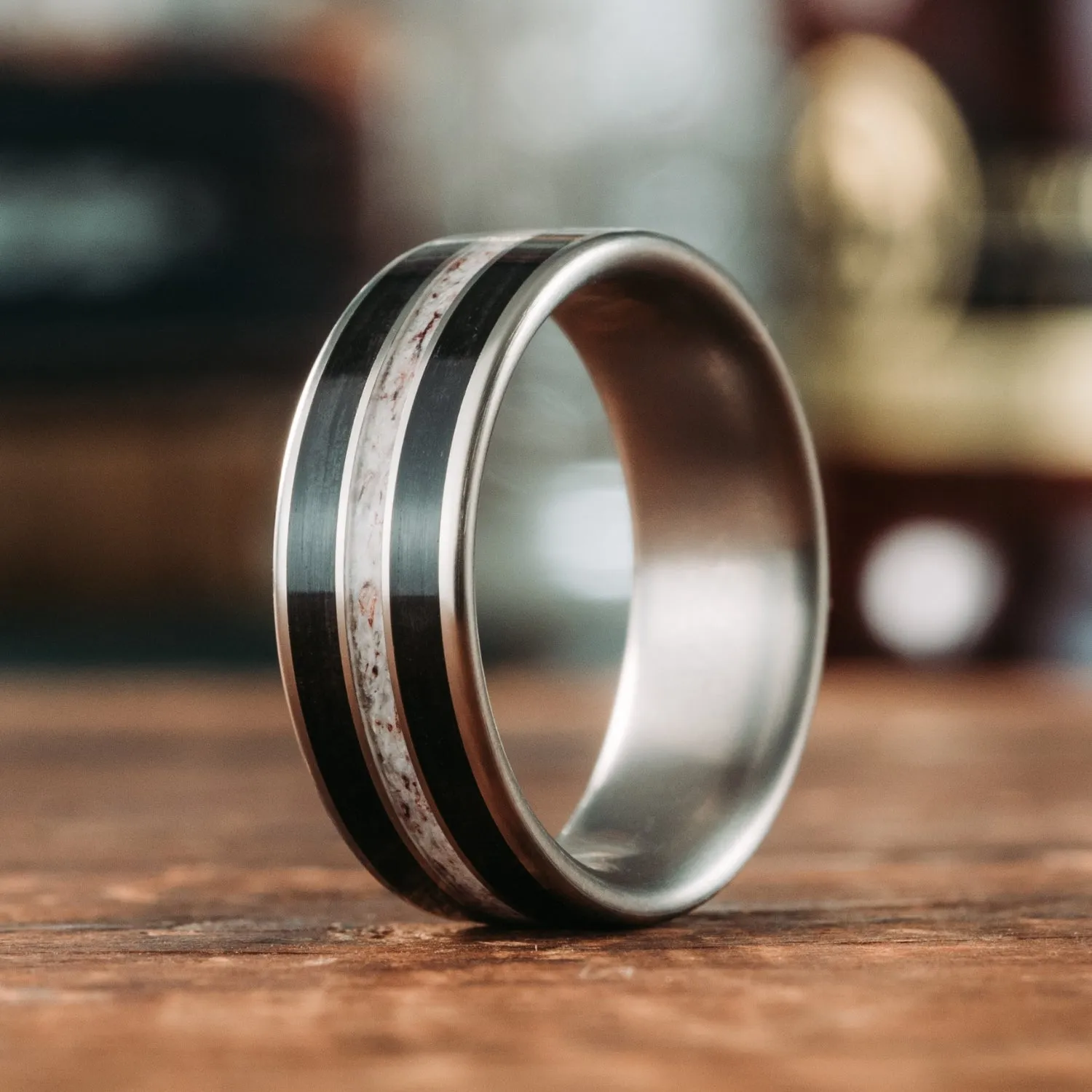 The Frontiersman & The Helen -  Black Whiskey Barrel and Titanium Wedding Band Set