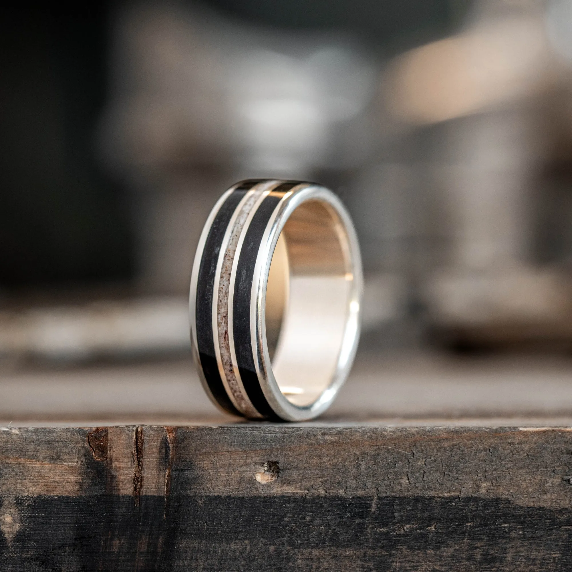 The Frontiersman in Silver | Men's Silver Wedding Band with Whiskey Barrel Wood & Elk Antler