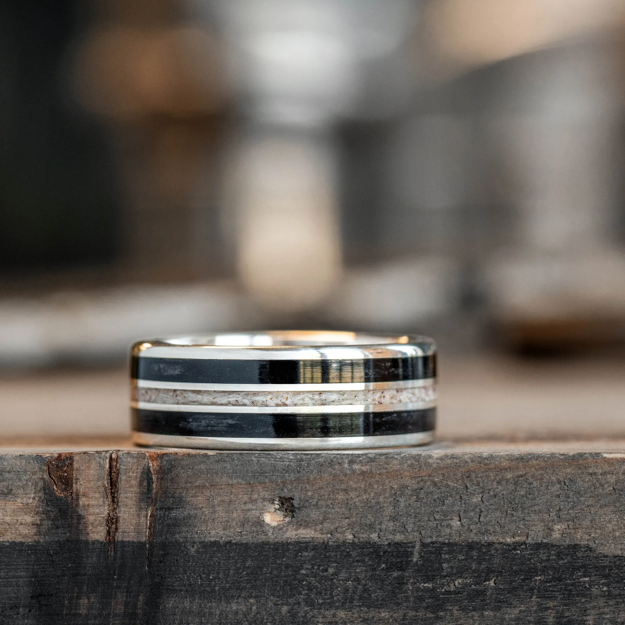 The Frontiersman in Silver | Men's Silver Wedding Band with Whiskey Barrel Wood & Elk Antler