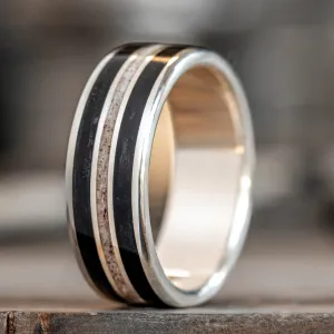 The Frontiersman in Silver | Men's Silver Wedding Band with Whiskey Barrel Wood & Elk Antler