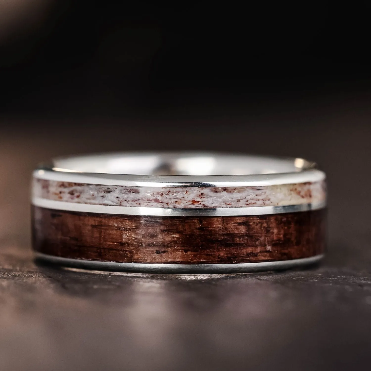 The High Country | Men's Silver Wedding Ring with Elk Antler & Antique Walnut Wood