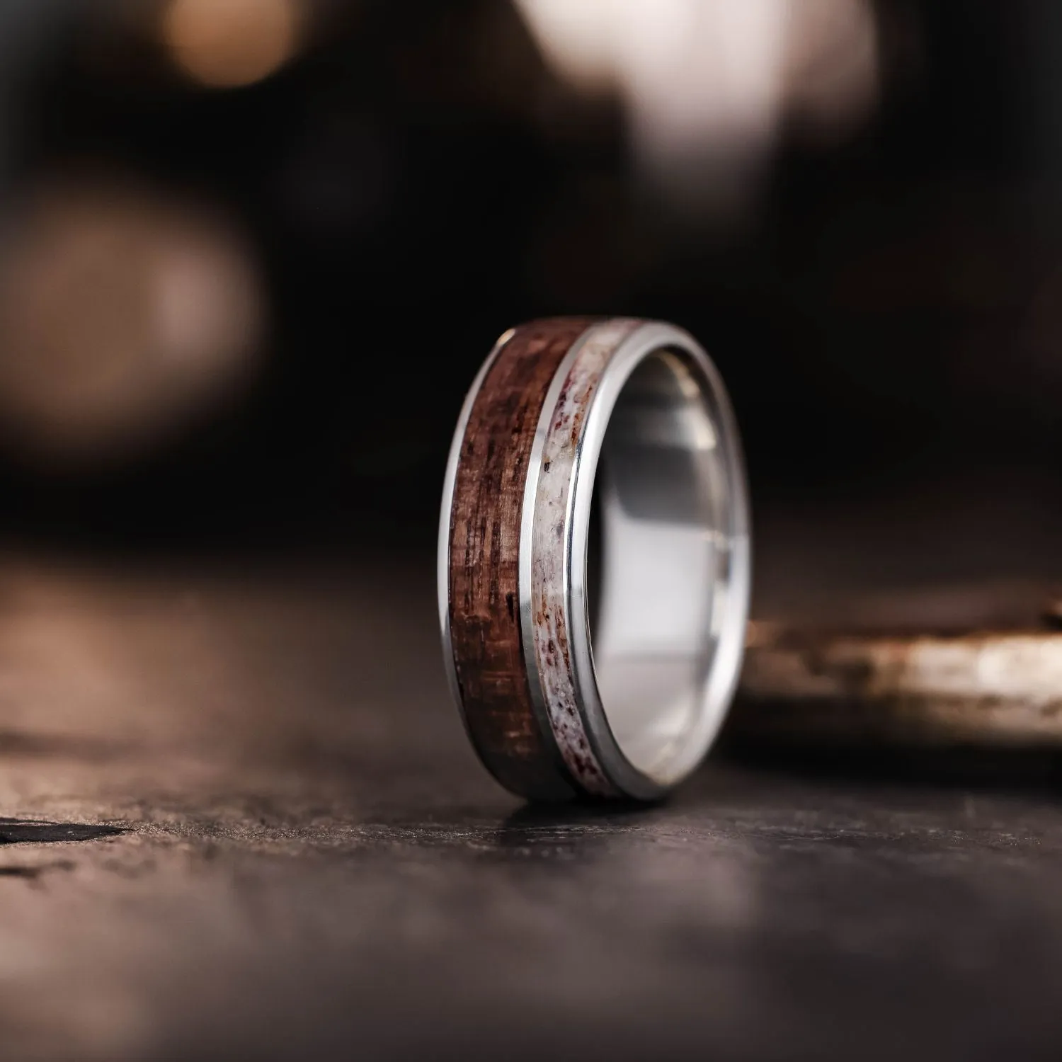 The High Country | Men's Silver Wedding Ring with Elk Antler & Antique Walnut Wood