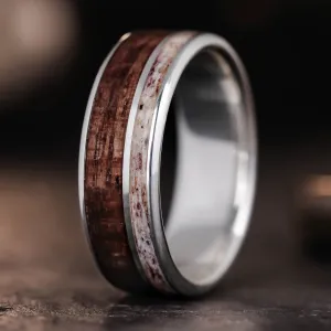 The High Country | Men's Silver Wedding Ring with Elk Antler & Antique Walnut Wood