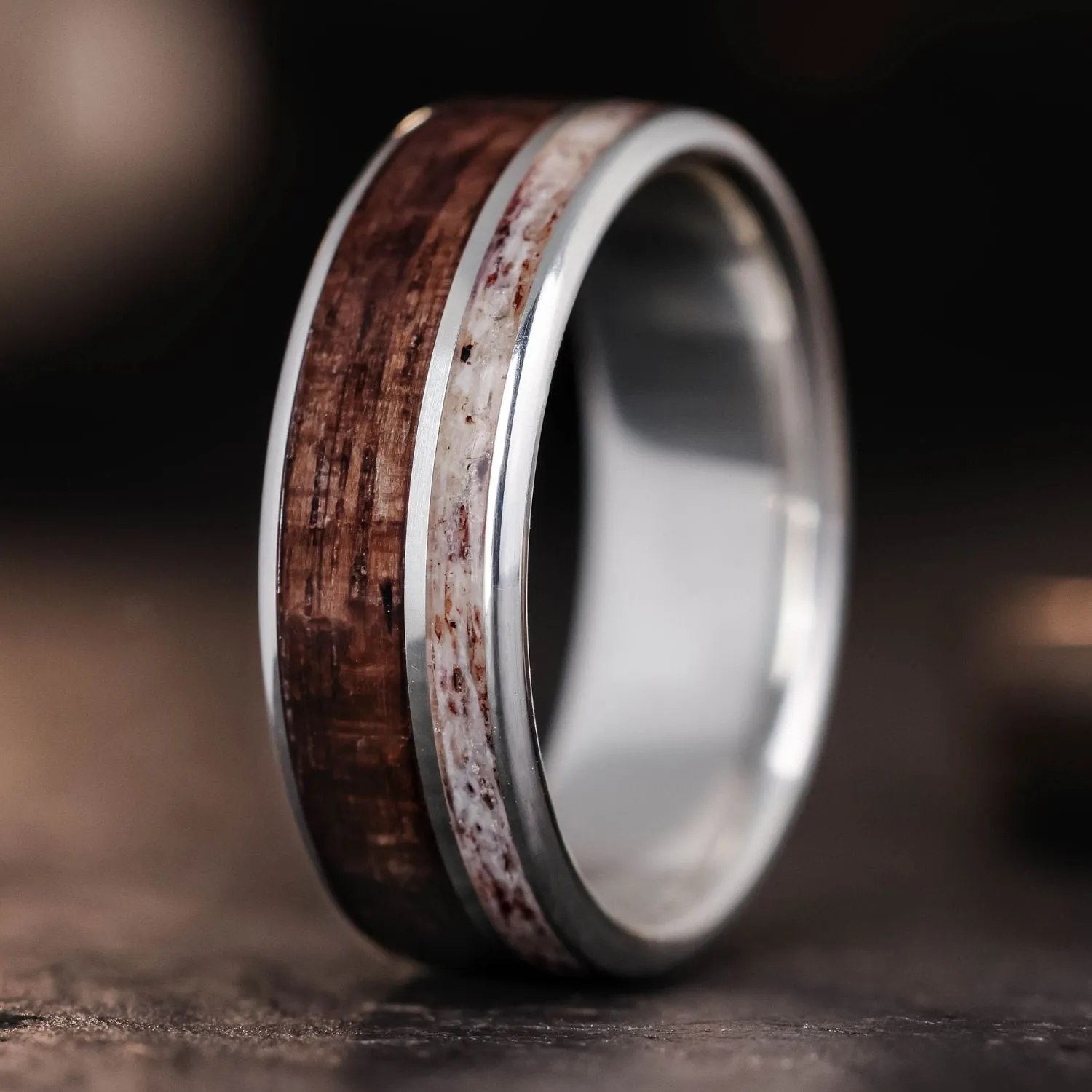 The High Country | Men's Silver Wedding Ring with Elk Antler & Antique Walnut Wood
