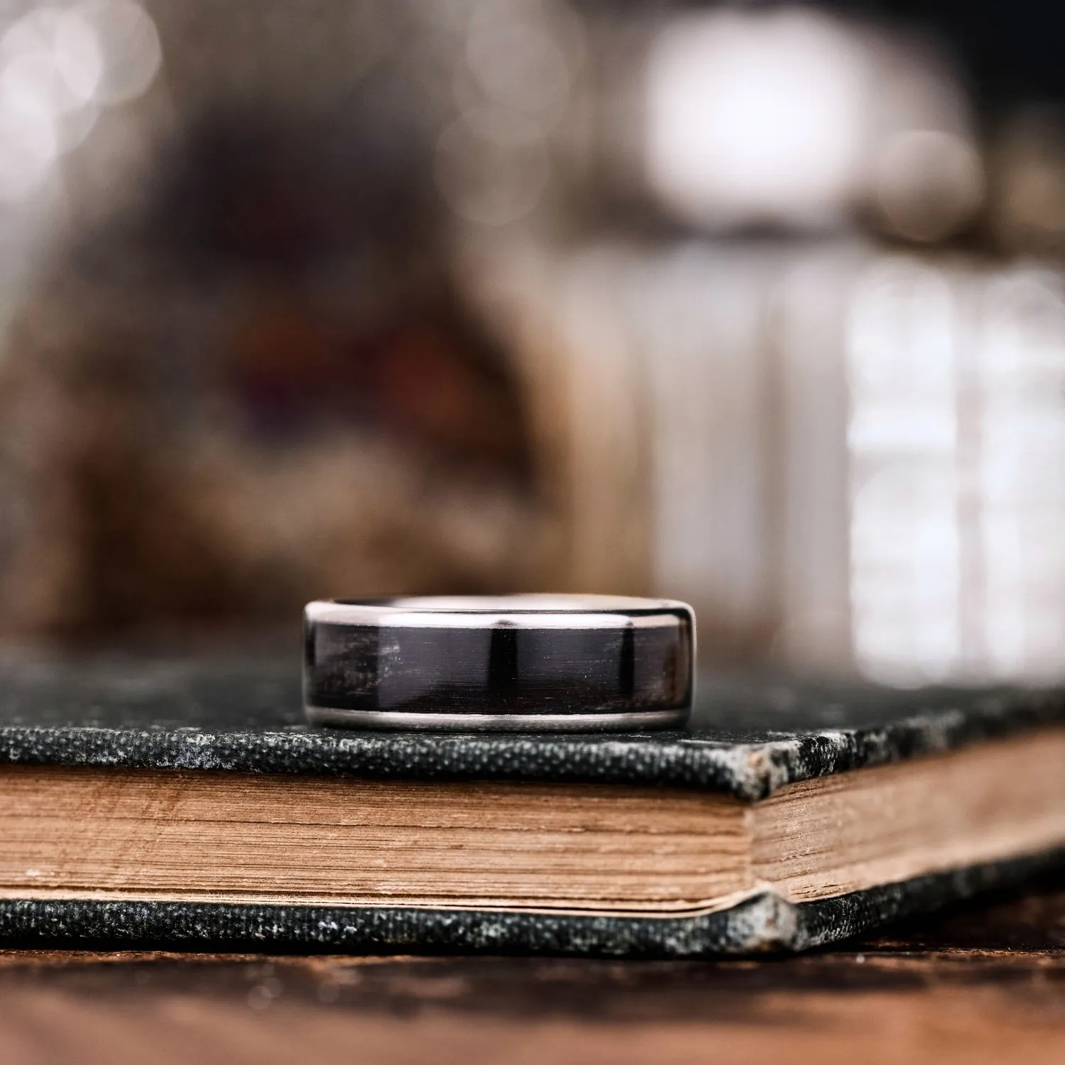 The Speakeasy | Men's Titanium Wedding Band with Wide Channel Whiskey Barrel Wood