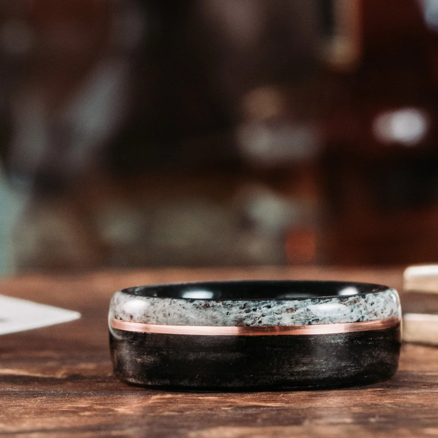 The Whiskey Canyon | Men's Black Whiskey Barrel & Elk Antler Wedding Band with Offset Metal Inlay