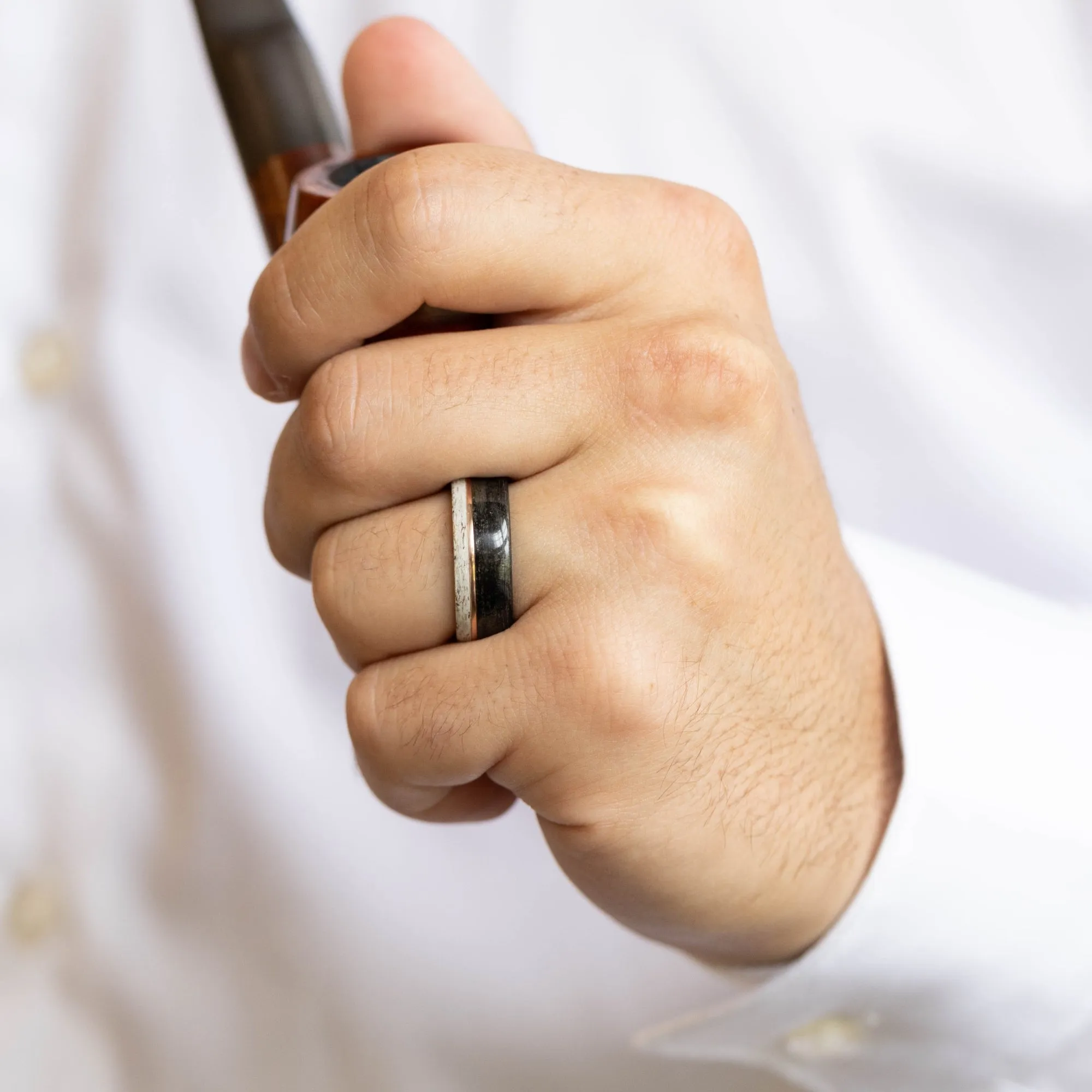 The Whiskey Canyon | Men's Black Whiskey Barrel & Elk Antler Wedding Band with Offset Metal Inlay