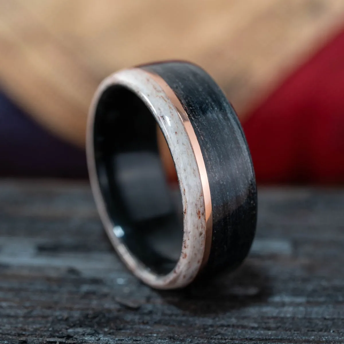 The Whiskey Canyon | Men's Black Whiskey Barrel & Elk Antler Wedding Band with Offset Metal Inlay