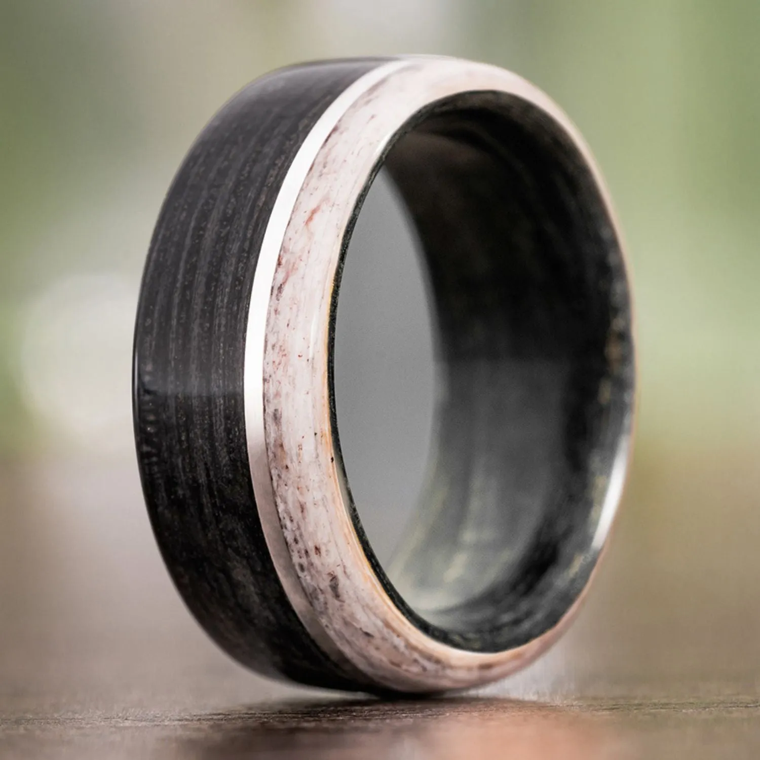 The Whiskey Canyon | Men's Black Whiskey Barrel & Elk Antler Wedding Band with Offset Metal Inlay