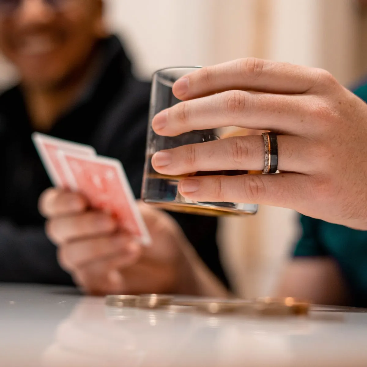 The Whiskey Canyon | Men's Black Whiskey Barrel & Elk Antler Wedding Band with Offset Metal Inlay
