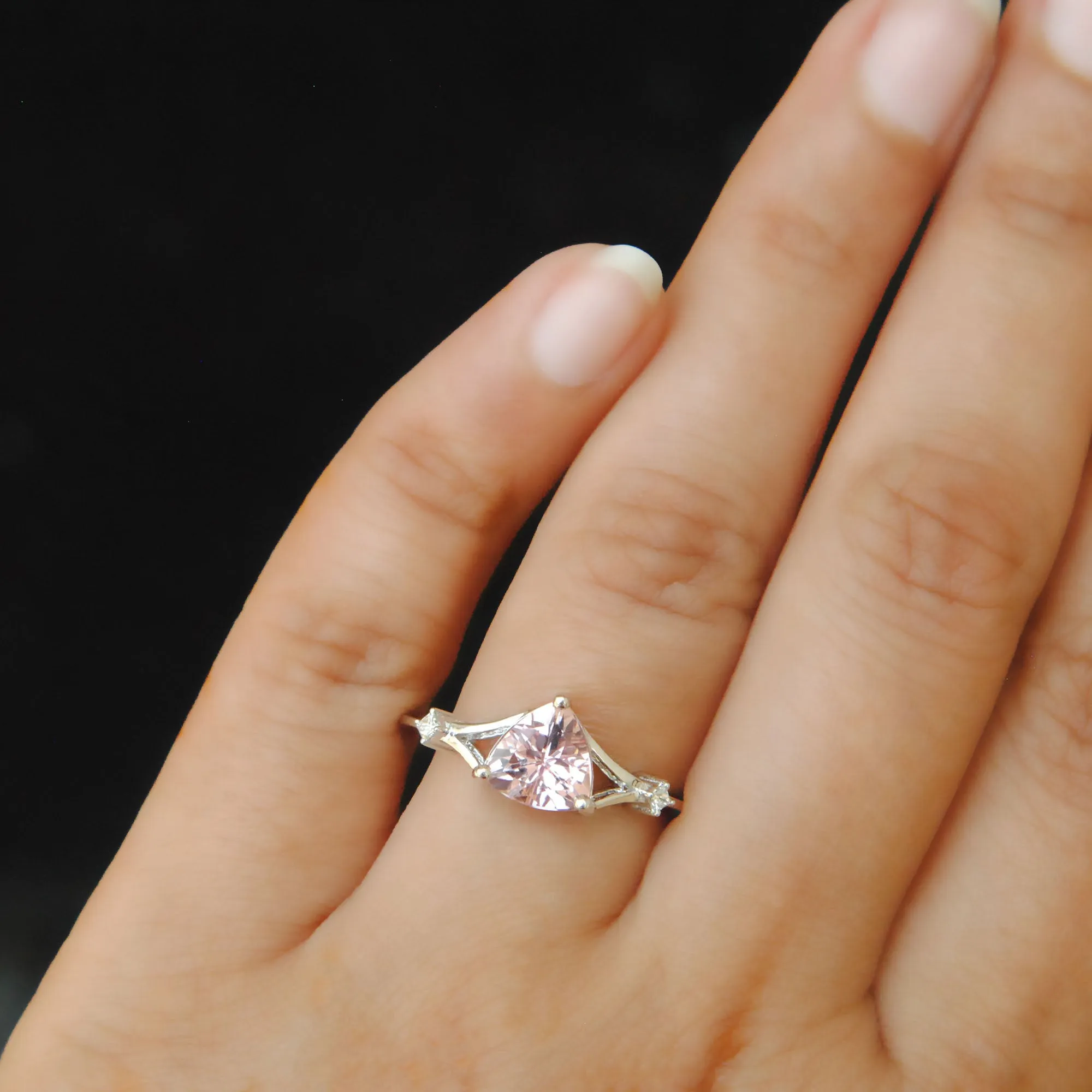 Three Stone Trillion Cut Pink Morganite and Diamond Engagement Ring