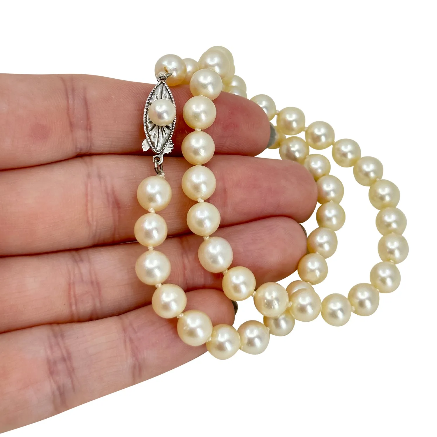 Tight Choker Collar Vintage Deco Japanese Saltwater Cultured Akoya Pearl Necklace - Sterling Silver 14 Inch