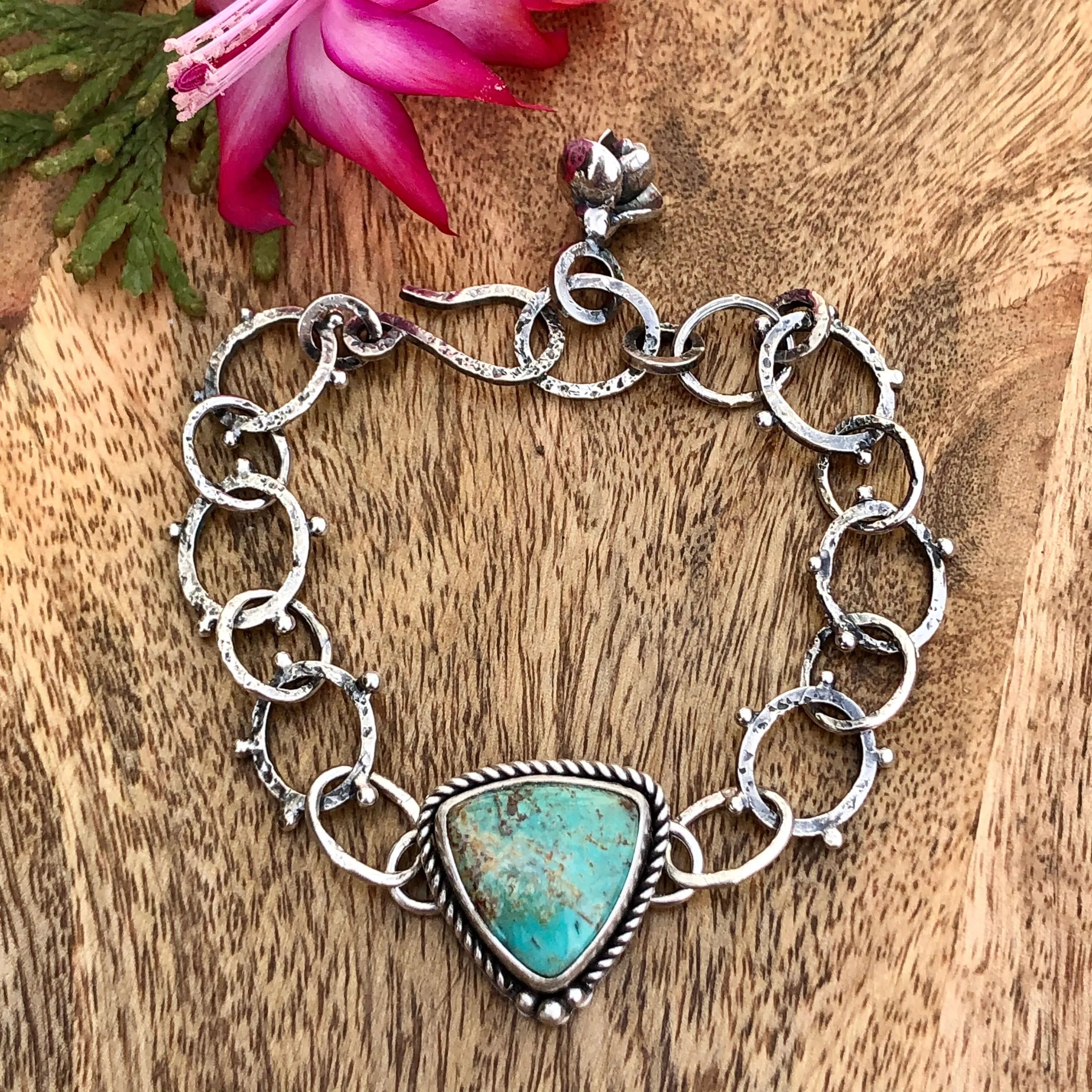 Turquoise shield and succulent sterling silver bracelet