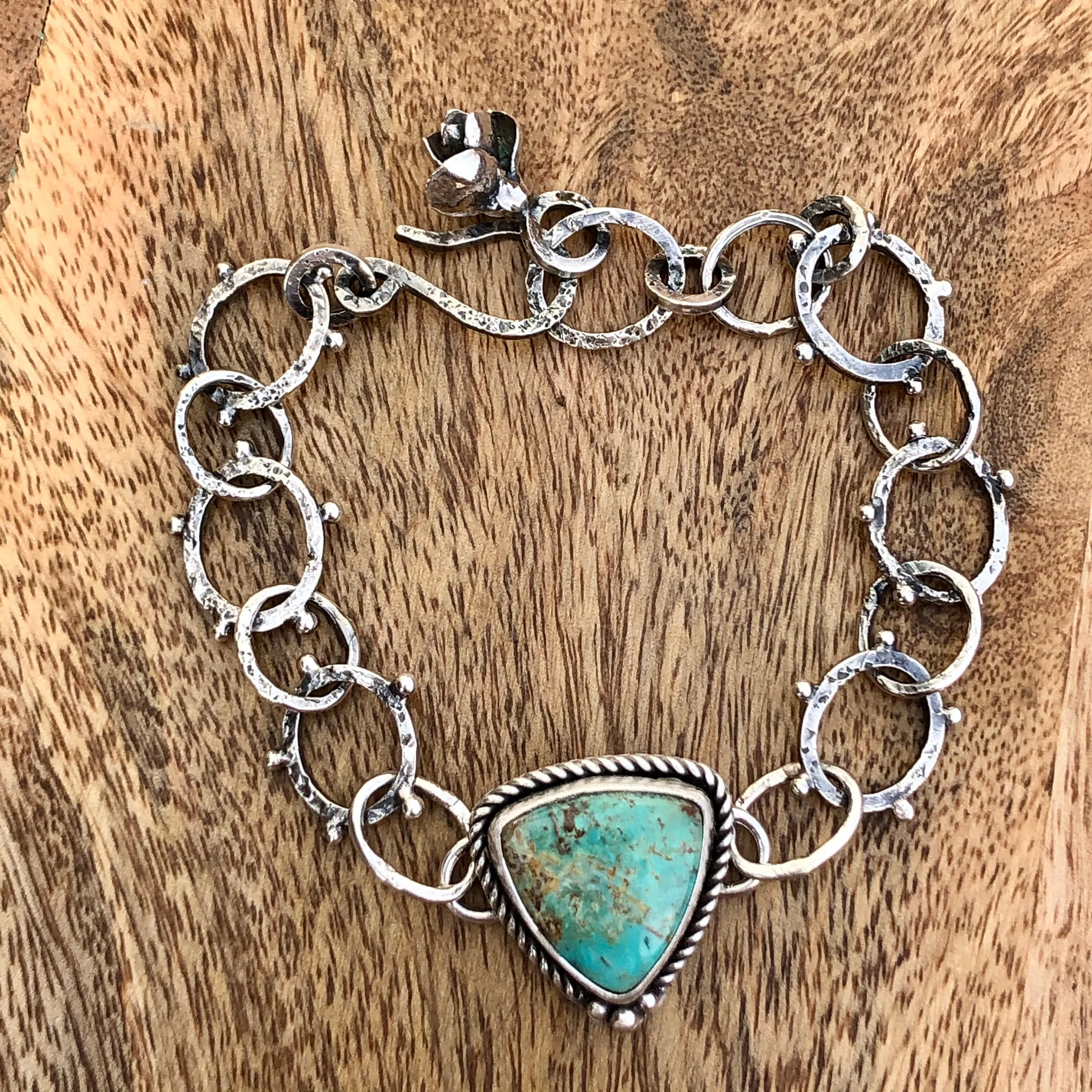 Turquoise shield and succulent sterling silver bracelet