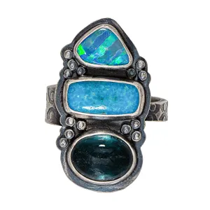 Turquoise With Blue Tourmaline and Opal Ring - Sterling Silver - size 9
