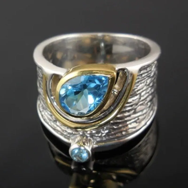 Twotone Water Drop Stone Ring Silver Party Women Jewelry