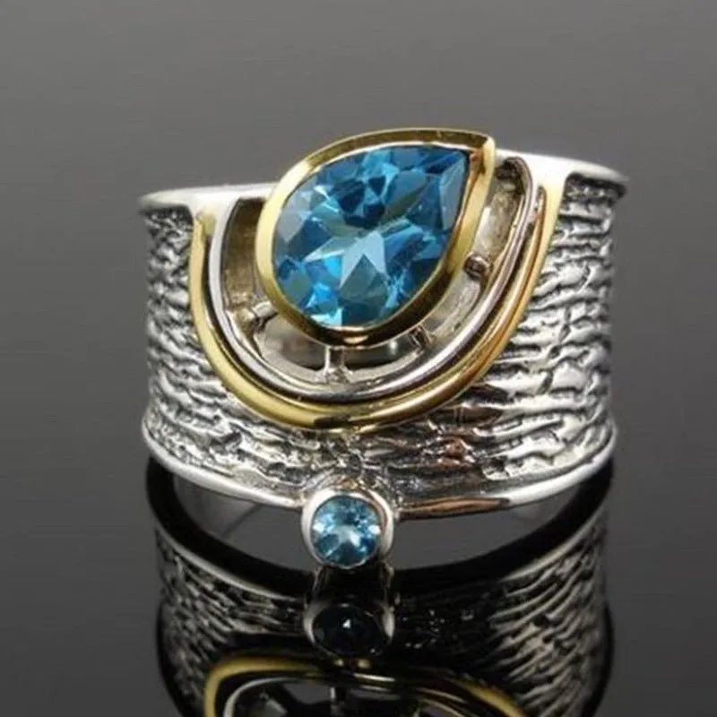 Twotone Water Drop Stone Ring Silver Party Women Jewelry