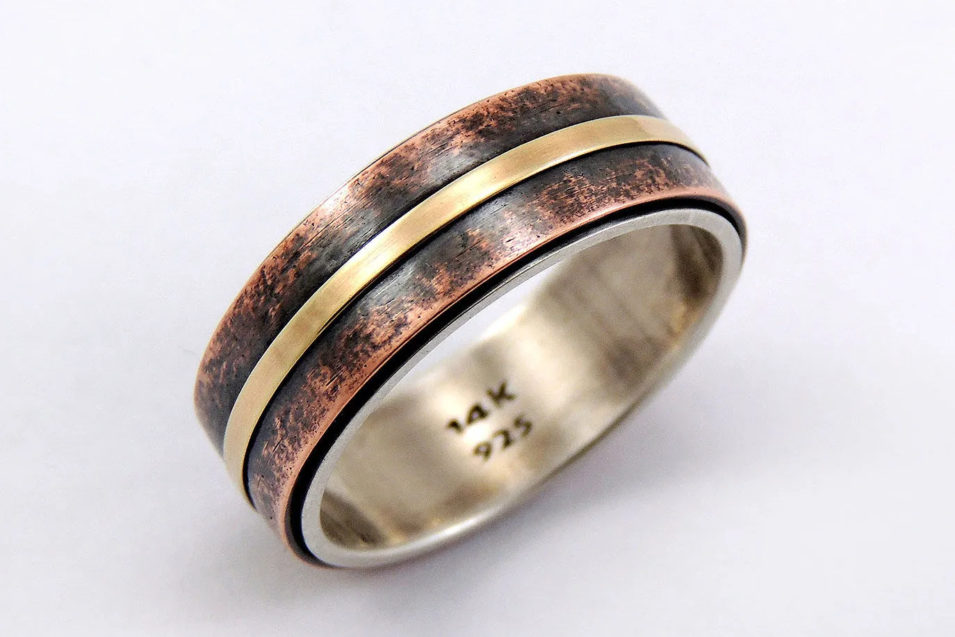 Unique Mens Wedding Band - Rustic Silver / Copper / 14K Gold