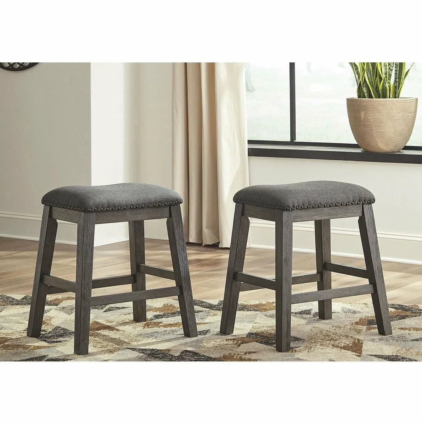 Upholstered Stool with Nailheads in Dark Gray (Set of 2) - 24"