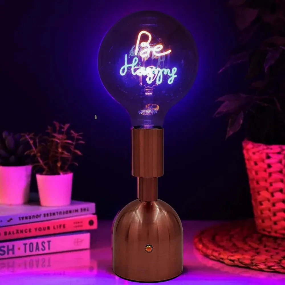 USB Cordless Rechargeable Table Lamp with Brass Base, LED Bulb and Neon Text | Choice of Message