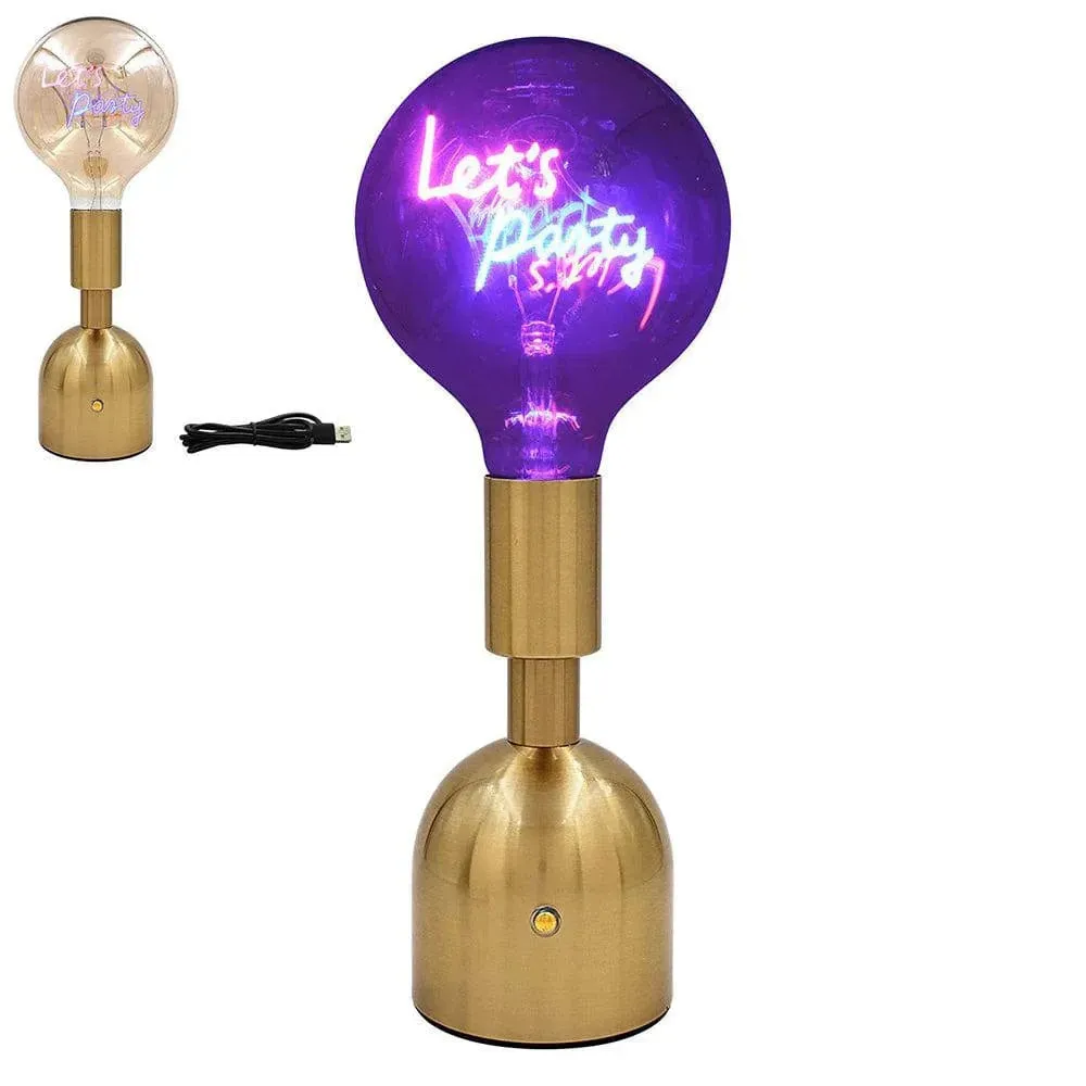 USB Cordless Rechargeable Table Lamp with Brass Base, LED Bulb and Neon Text | Choice of Message