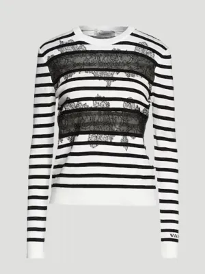 Valentino Lace-Inset Striped Silk Knit Sweater