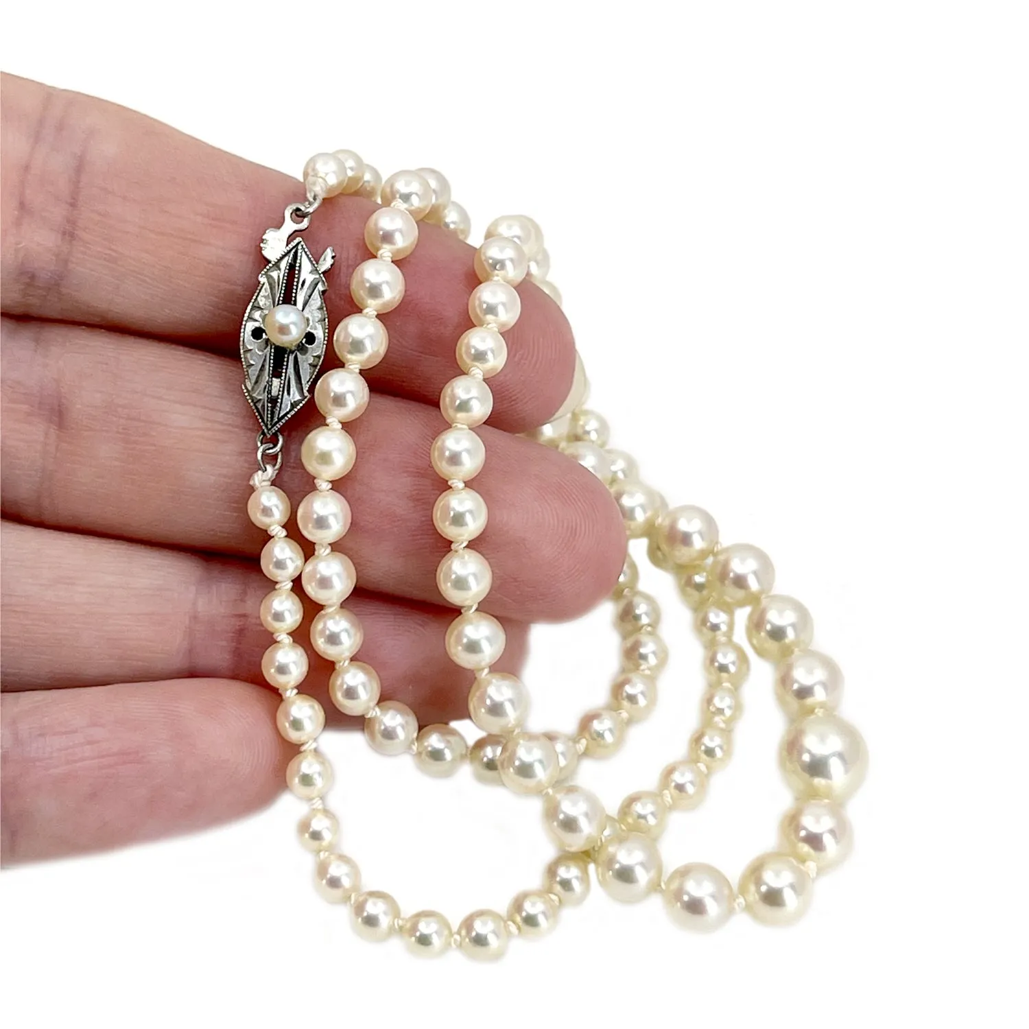 Vintage Art Deco Japanese Saltwater Cultured Akoya Pearl Graduated Necklace - Sterling Silver 18 Inch