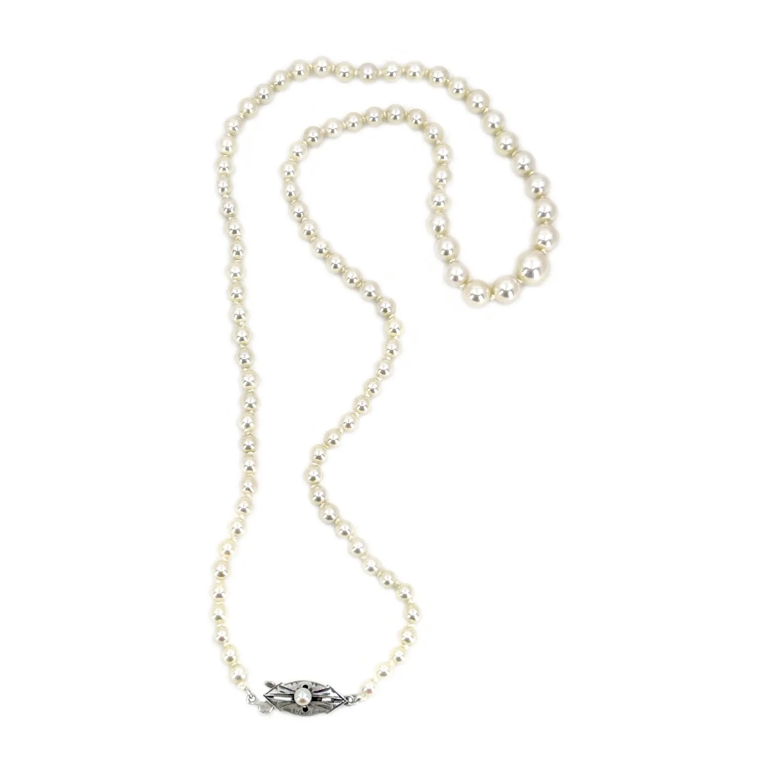 Vintage Art Deco Japanese Saltwater Cultured Akoya Pearl Graduated Necklace - Sterling Silver 18 Inch