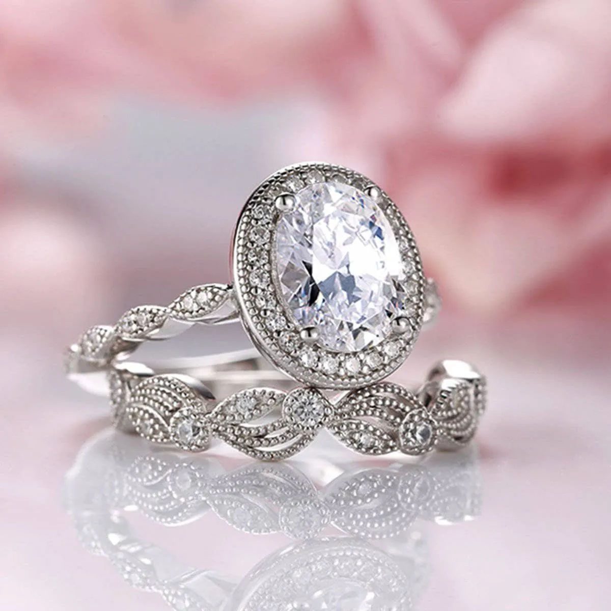 Vintage Art Deco Oval Cut Wedding Ring Set