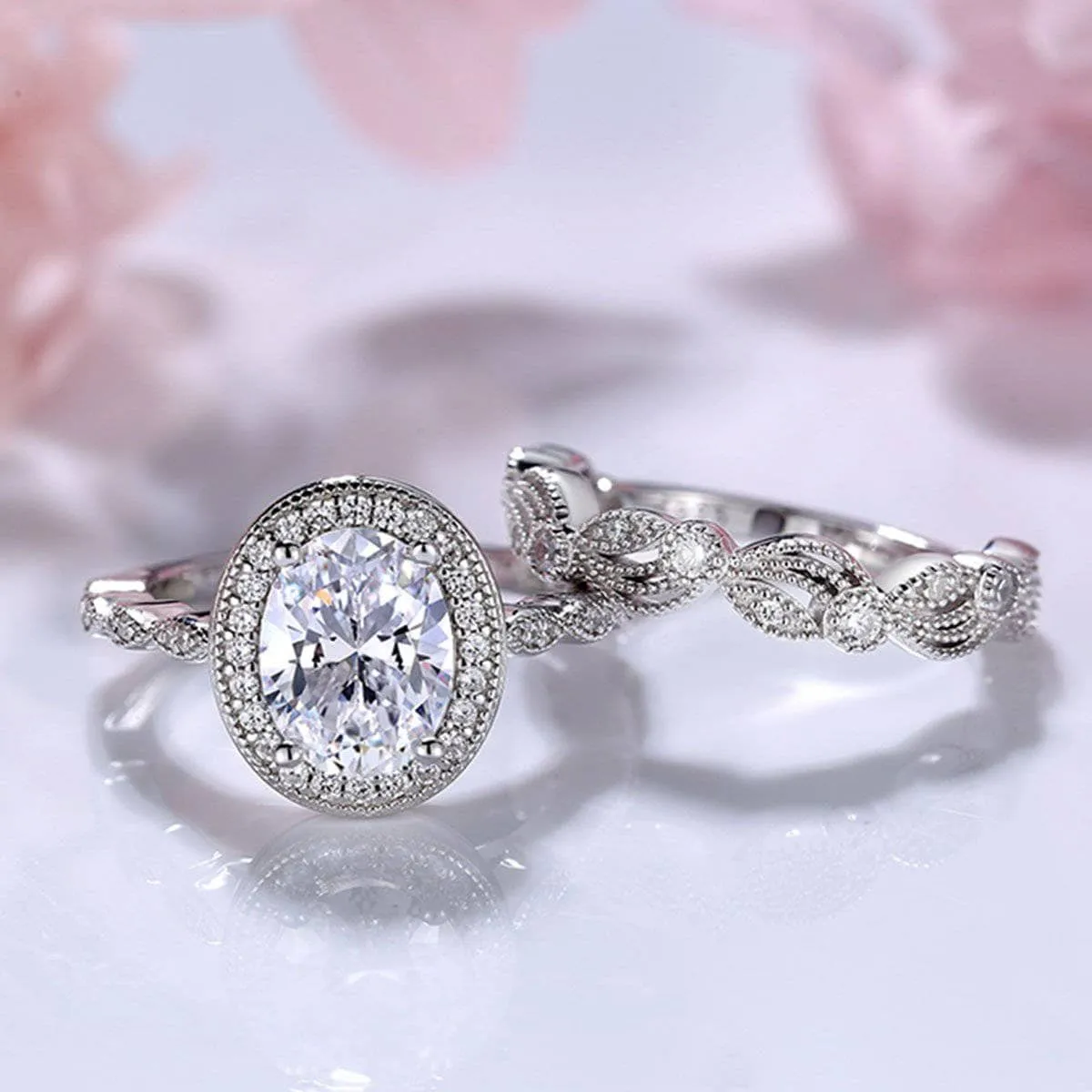 Vintage Art Deco Oval Cut Wedding Ring Set