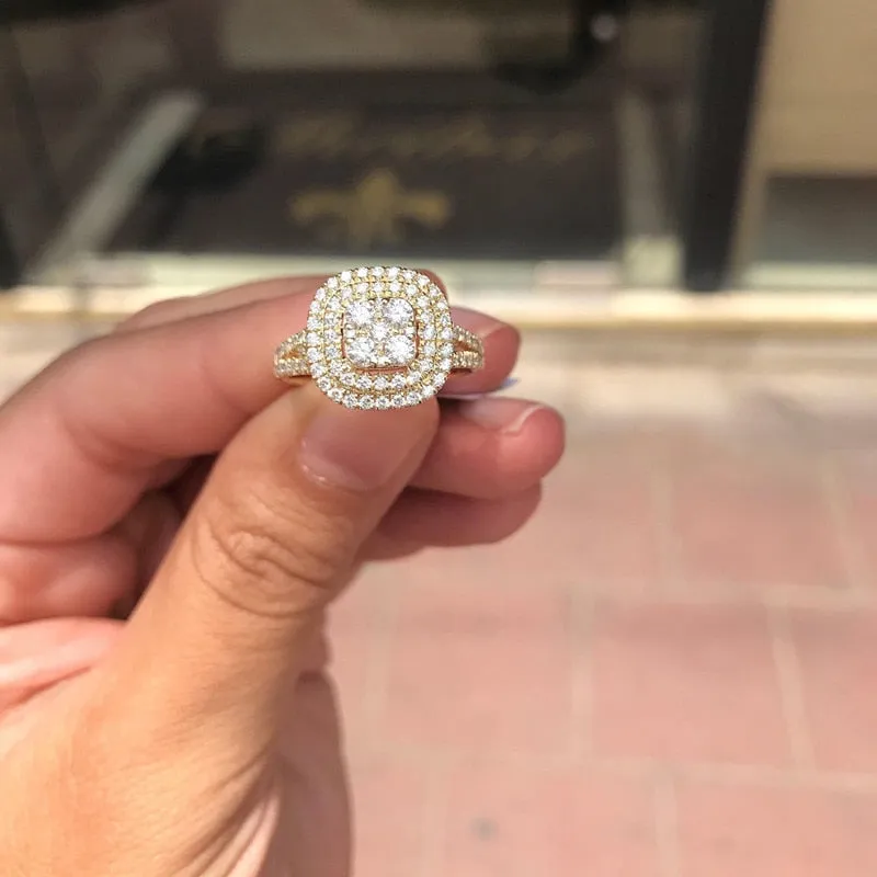 Vintage Square Gemstones Ring Cubic ZIrconia 14K Yellow Gold Women's Engagement