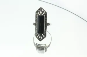 Vintage Sterling Silver Marcasite & Onyx Art Deco Ring