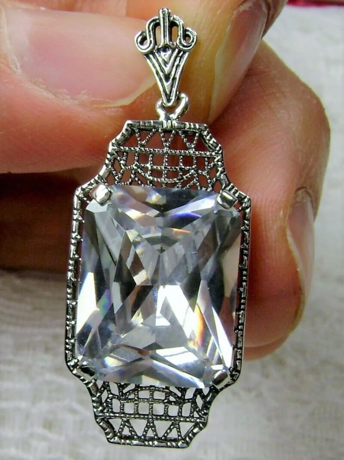 White CZ Pendant, 1930s Art Deco Jewelry #P13
