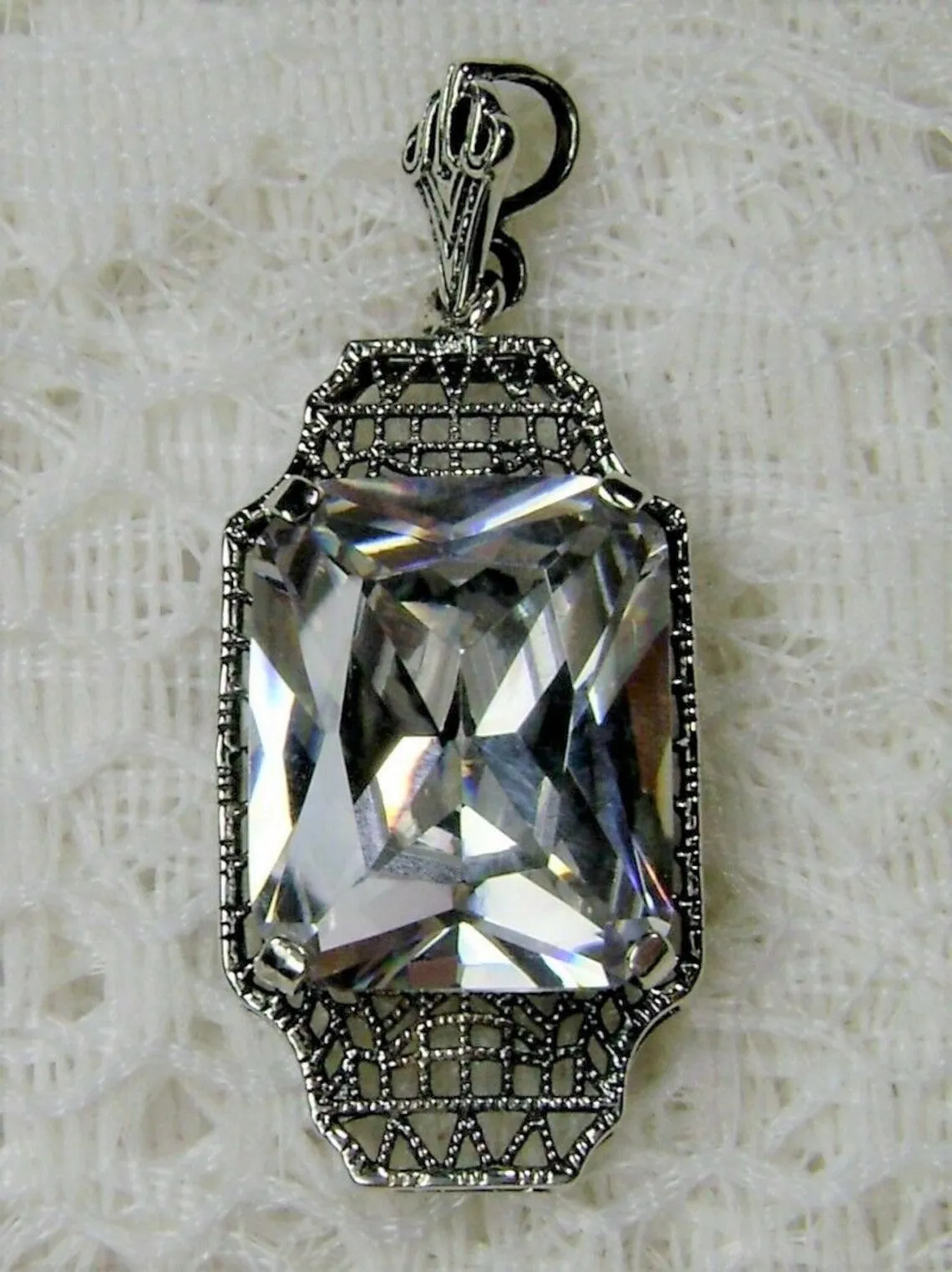 White CZ Pendant, 1930s Art Deco Jewelry #P13