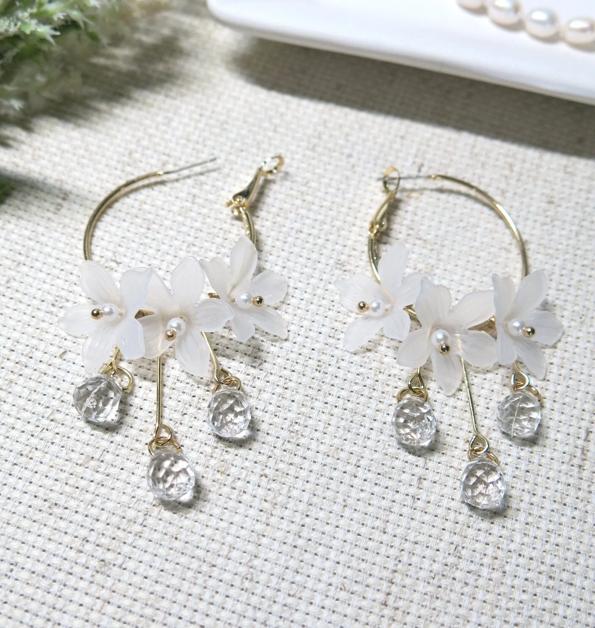 White Flower Charm Hoop Earrings, Wedding Bridal or Bridesmaid Omega Hoops, Wedding Gold Floral Czech Glass Earrings